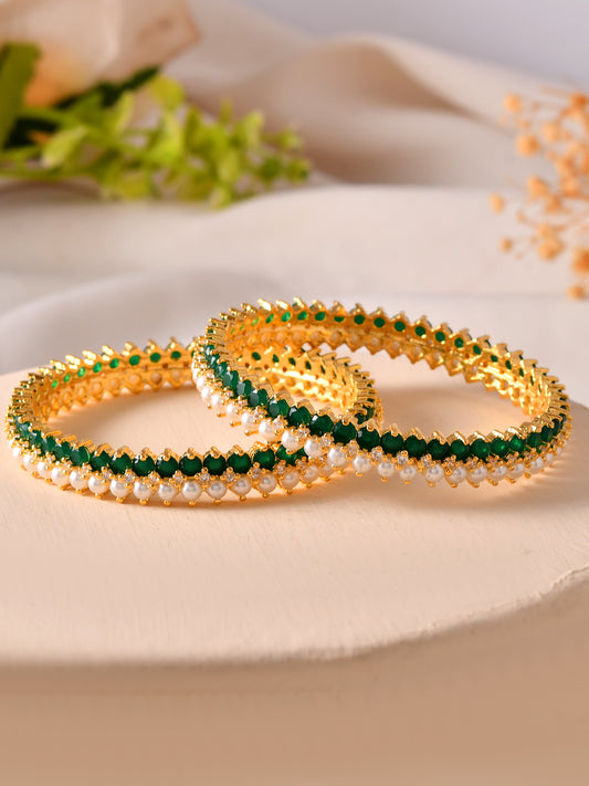 Gold Plated Stone Bangles For Women | Traditional Pearl & Emerald Look Bangles | Festive Bridal Jewellery
