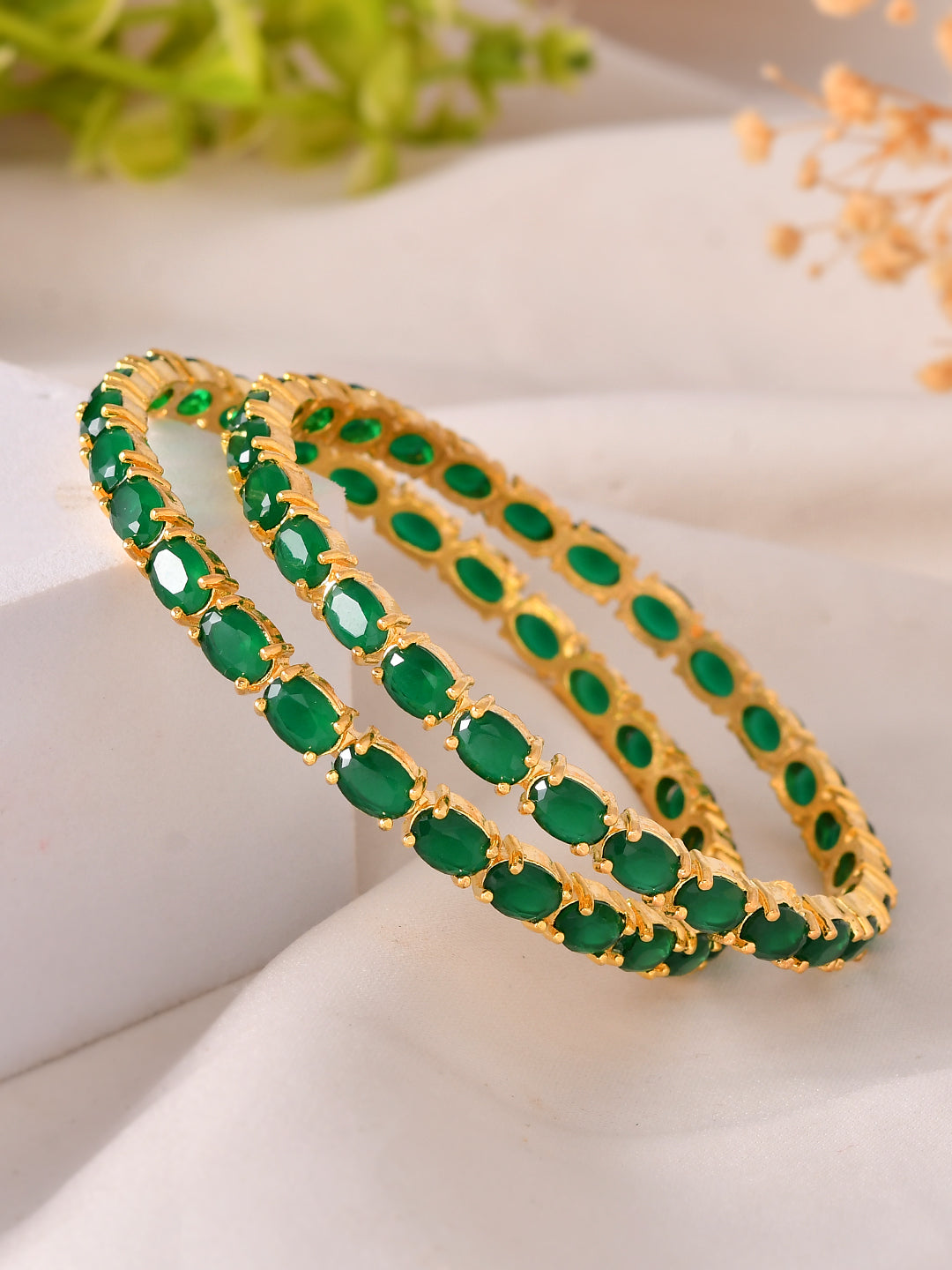 Gold Plated Green Stone Bangles For Women | Traditional Bridal Party Wear Bangles Set