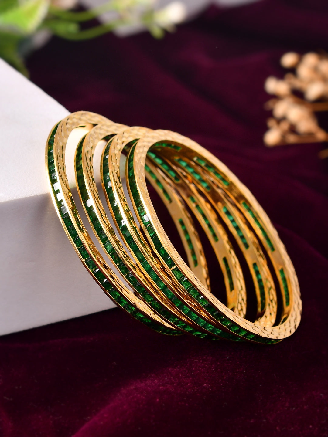 Gold Plated Green Stone Bangles For Women | Traditional Party Wear Bangles Set | Ethnic Bridal Jewellery