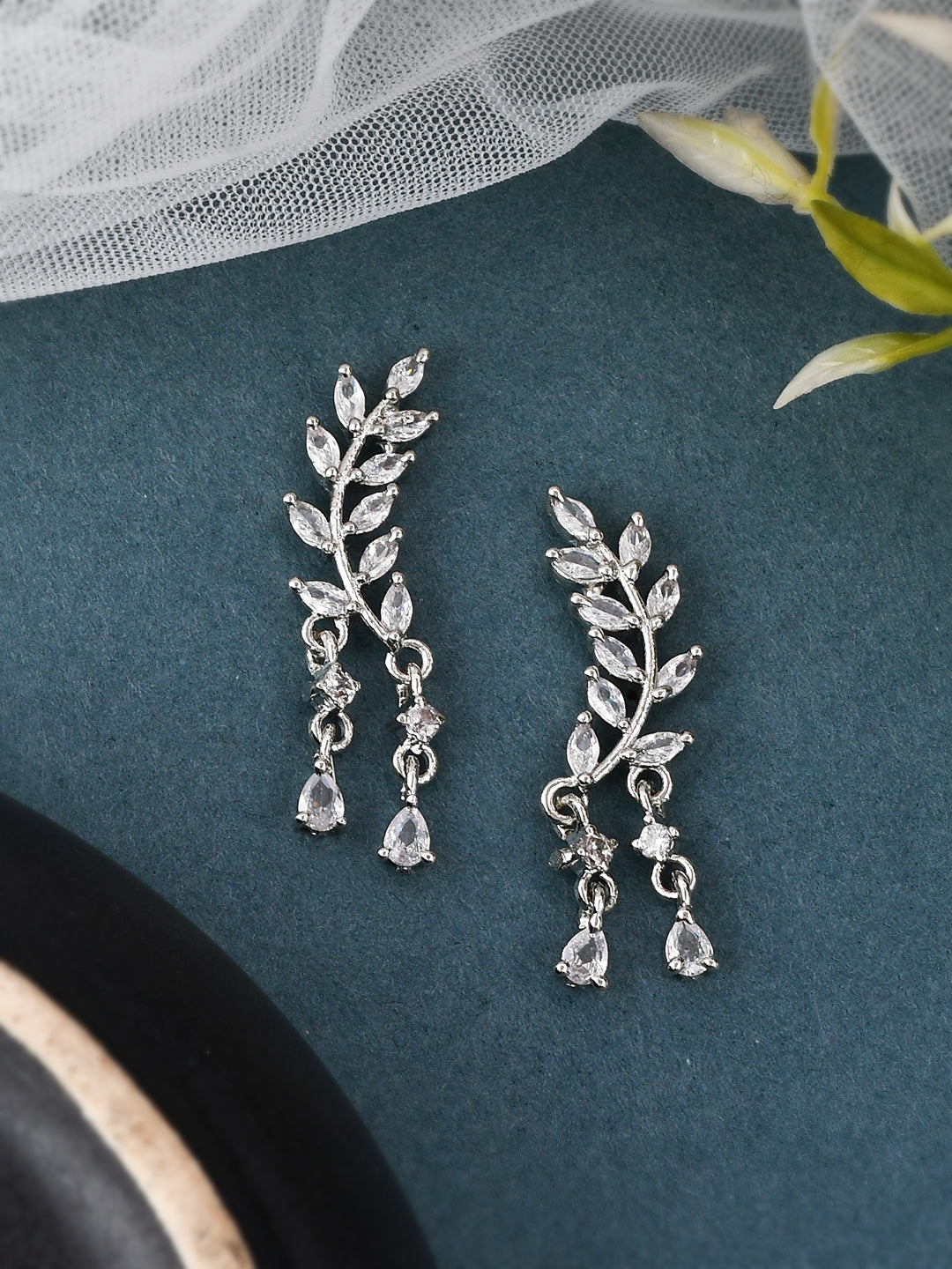 American Diamond Leaf Stud Earrings