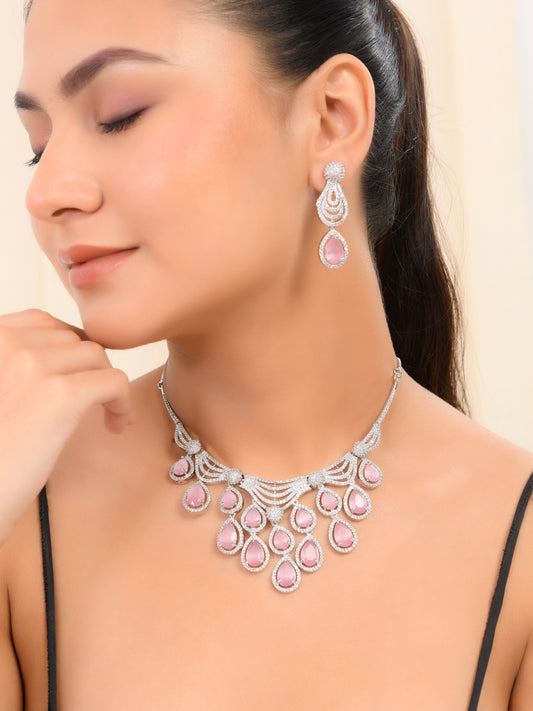 Pink American Diamond Silver plated Jewellery Set