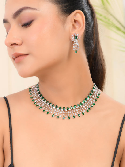 Green American Diamond Silver-Plated Jewellery Set For Women