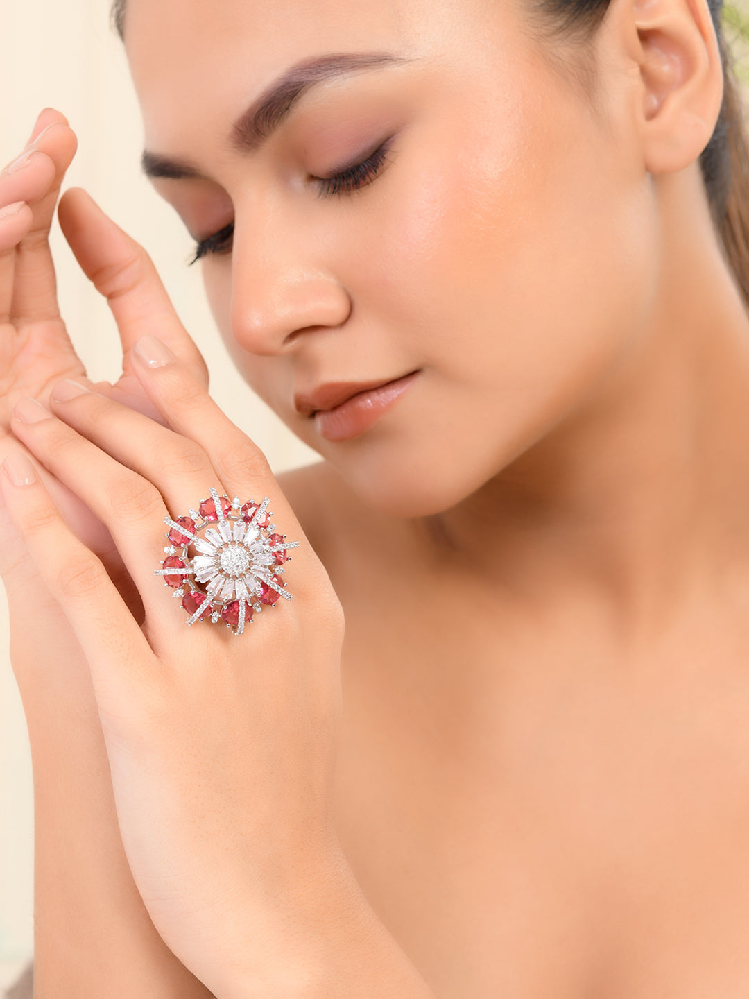 Pink American Diamond & Silver Plated Cocktail Ring for Women