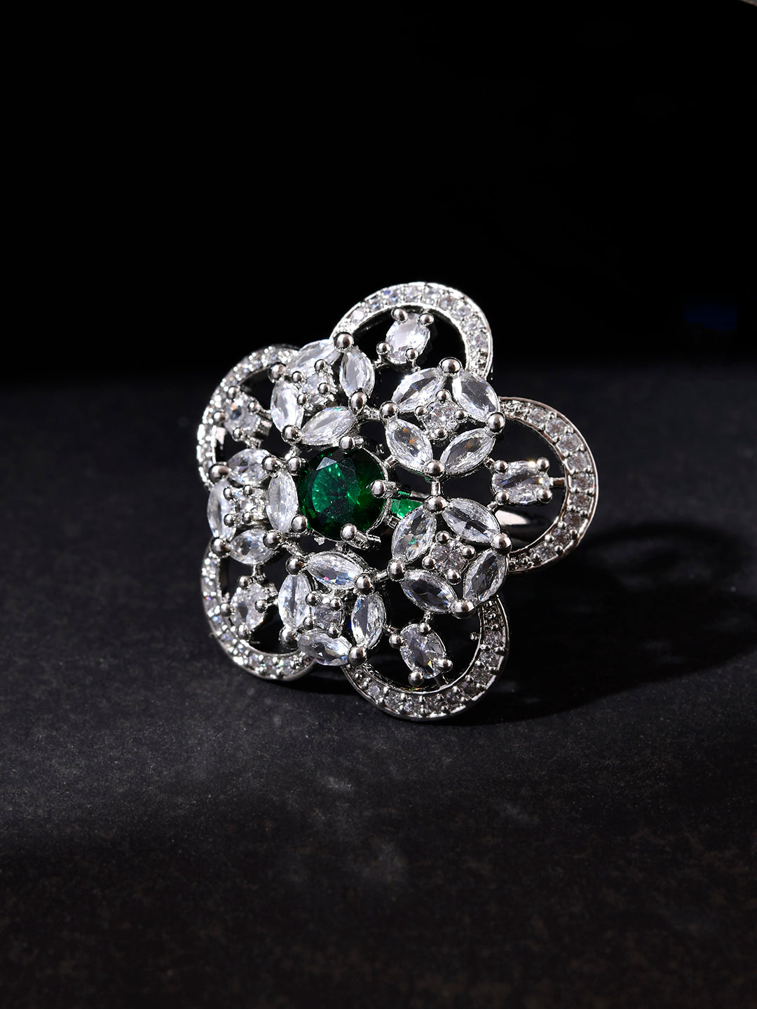 Green American Diamond & Silver Plated Cocktail Ring for Women