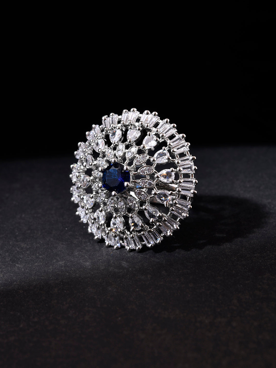 American Diamond-Studded Floral Shaped Cocktail Ring