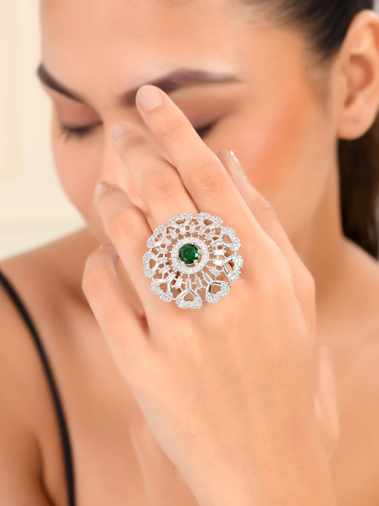 Green American Diamond & Silver Plated Cocktail Ring for Women