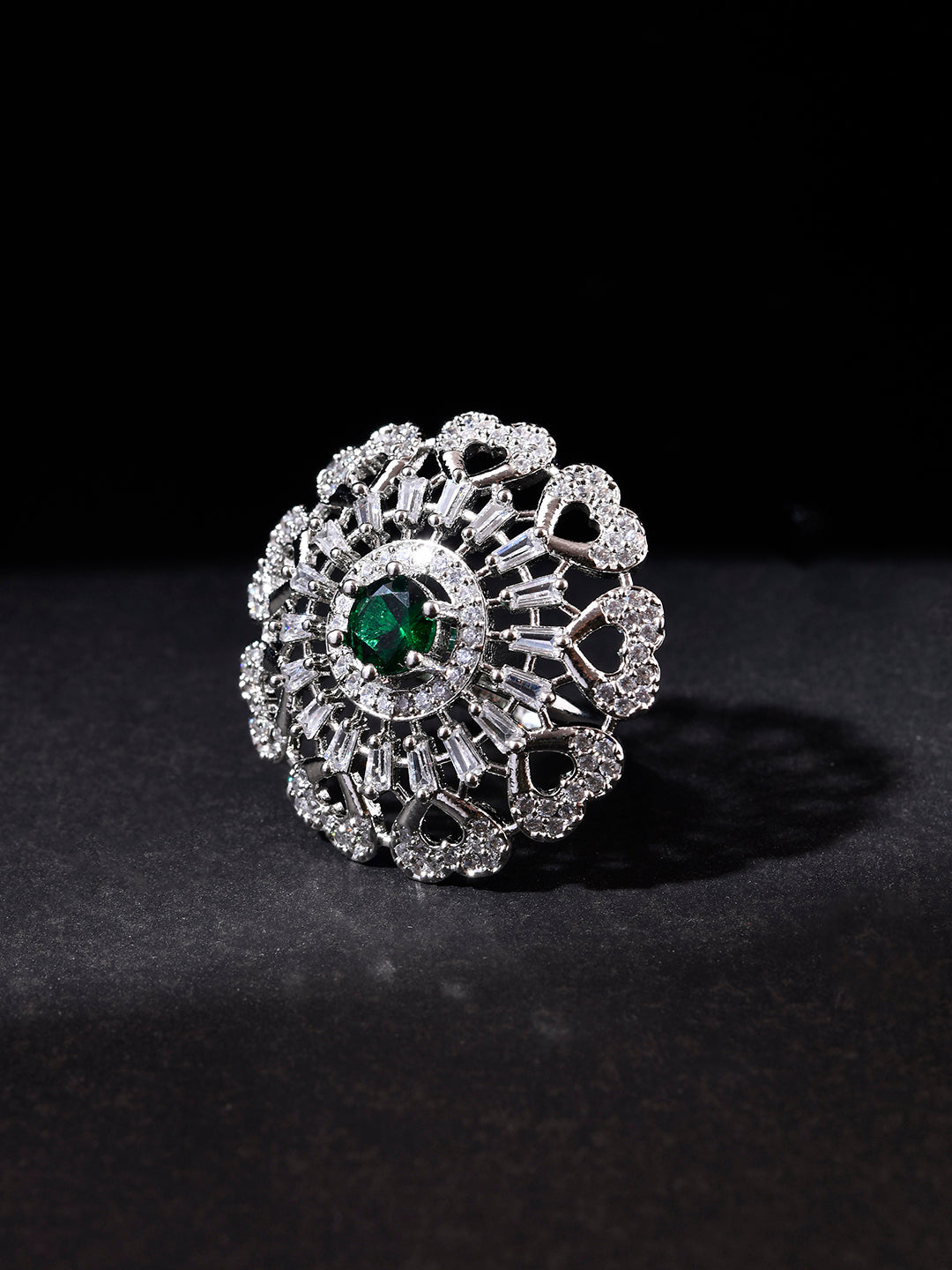 Green American Diamond & Silver Plated Cocktail Ring for Women