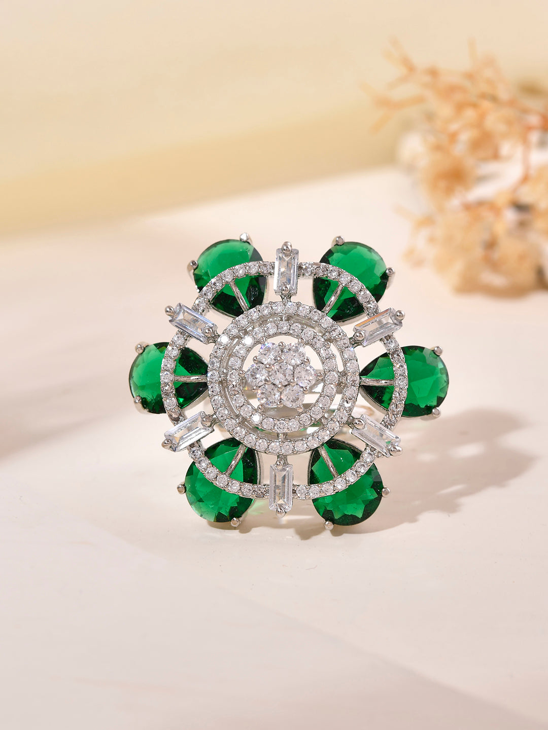 Green American Diamond  Floral Finger Ring for Women