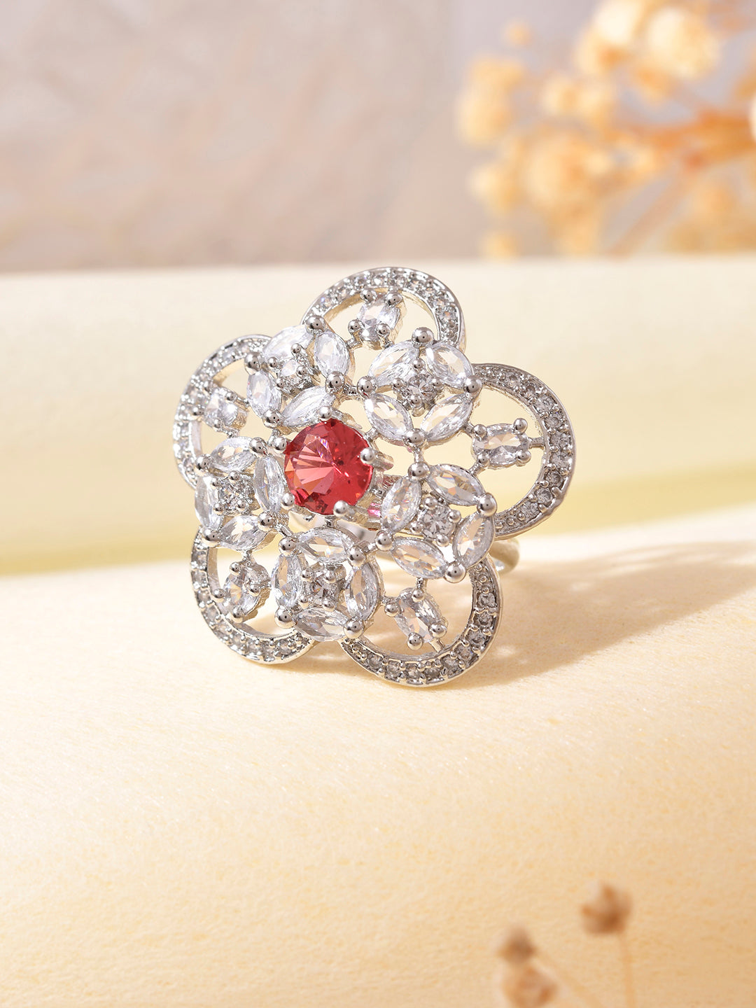 Red American Diamond & Silver Plated Cocktail Ring for Women