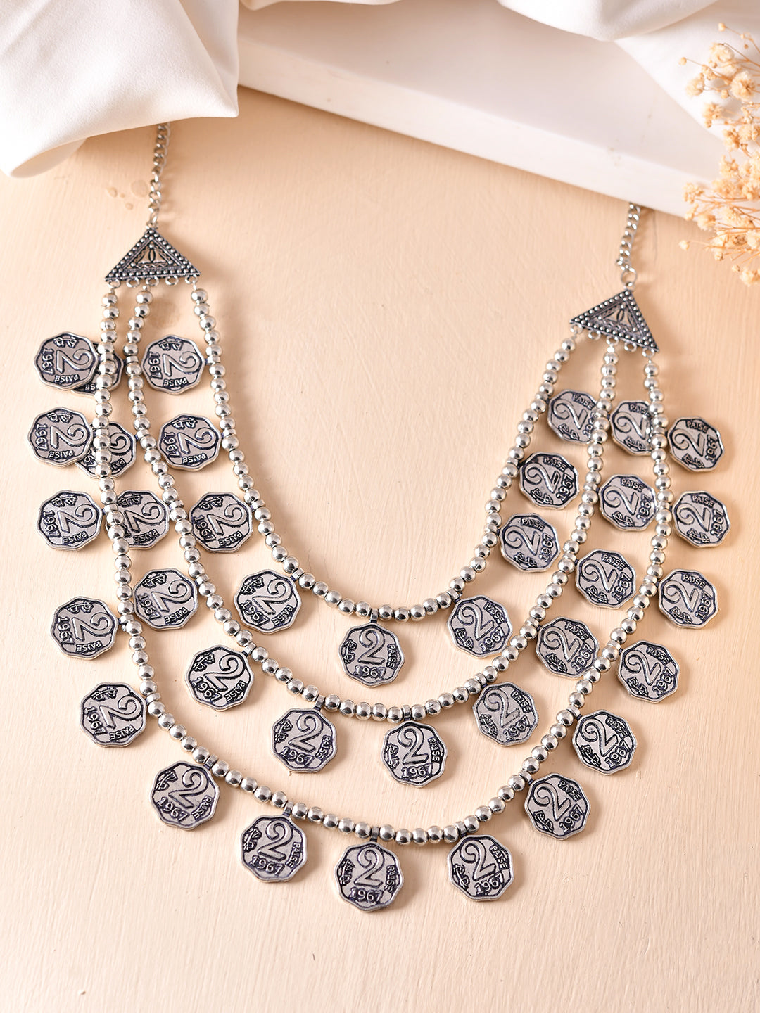 Oxidised Silver Tribal Necklace With Coins Double Side Wear For Women