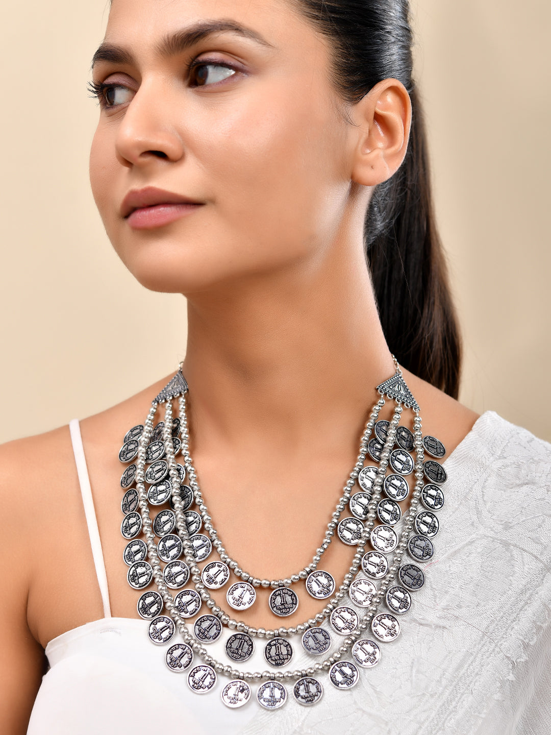 Oxidised Coin Necklace For Women Double Side Wear Jewellery