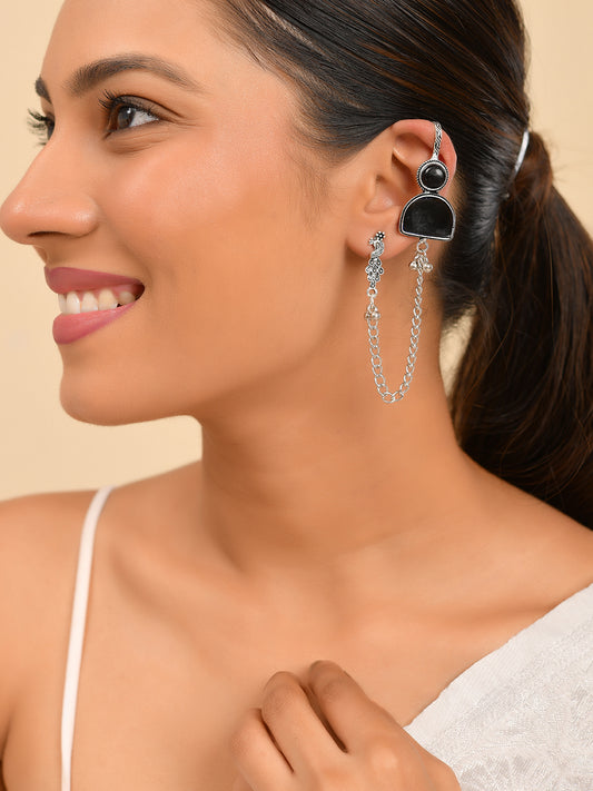 Black Oxidised Silver Chain Ear Cuff Earring For Women | Boho Ear Connector