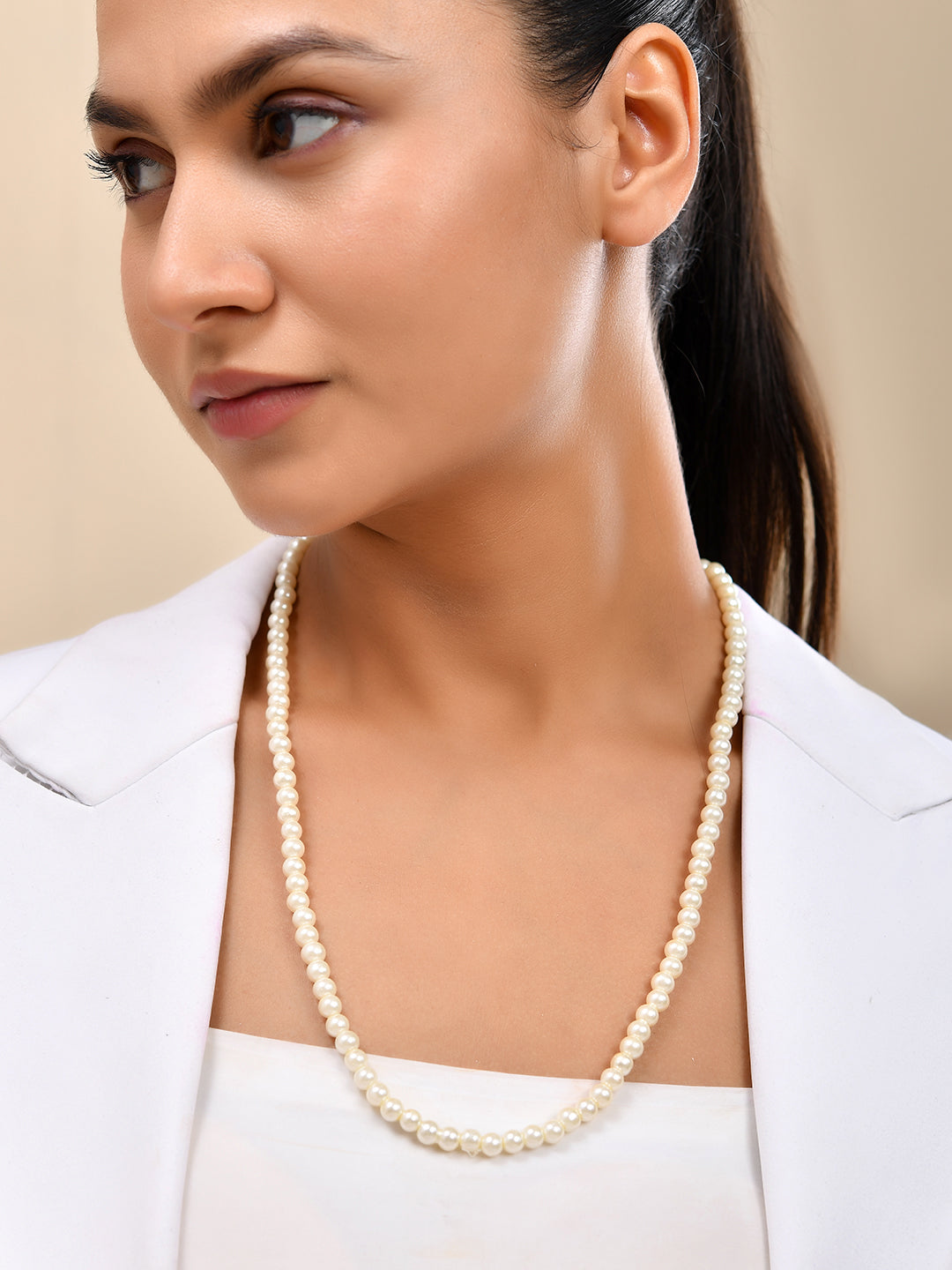 Classic White Pearl Beaded Necklace With Adjustable Dori For Women