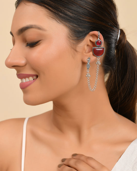 Classic Oxidised Silver Long Chain Earrings With Red Stone For Women