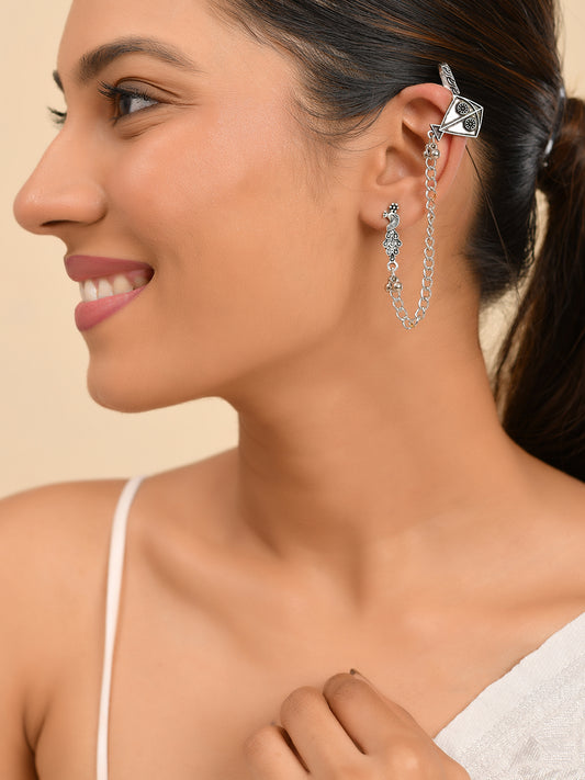 Oxidised Silver Chain Ear Cuff Earring For Women | Boho Ear Connector