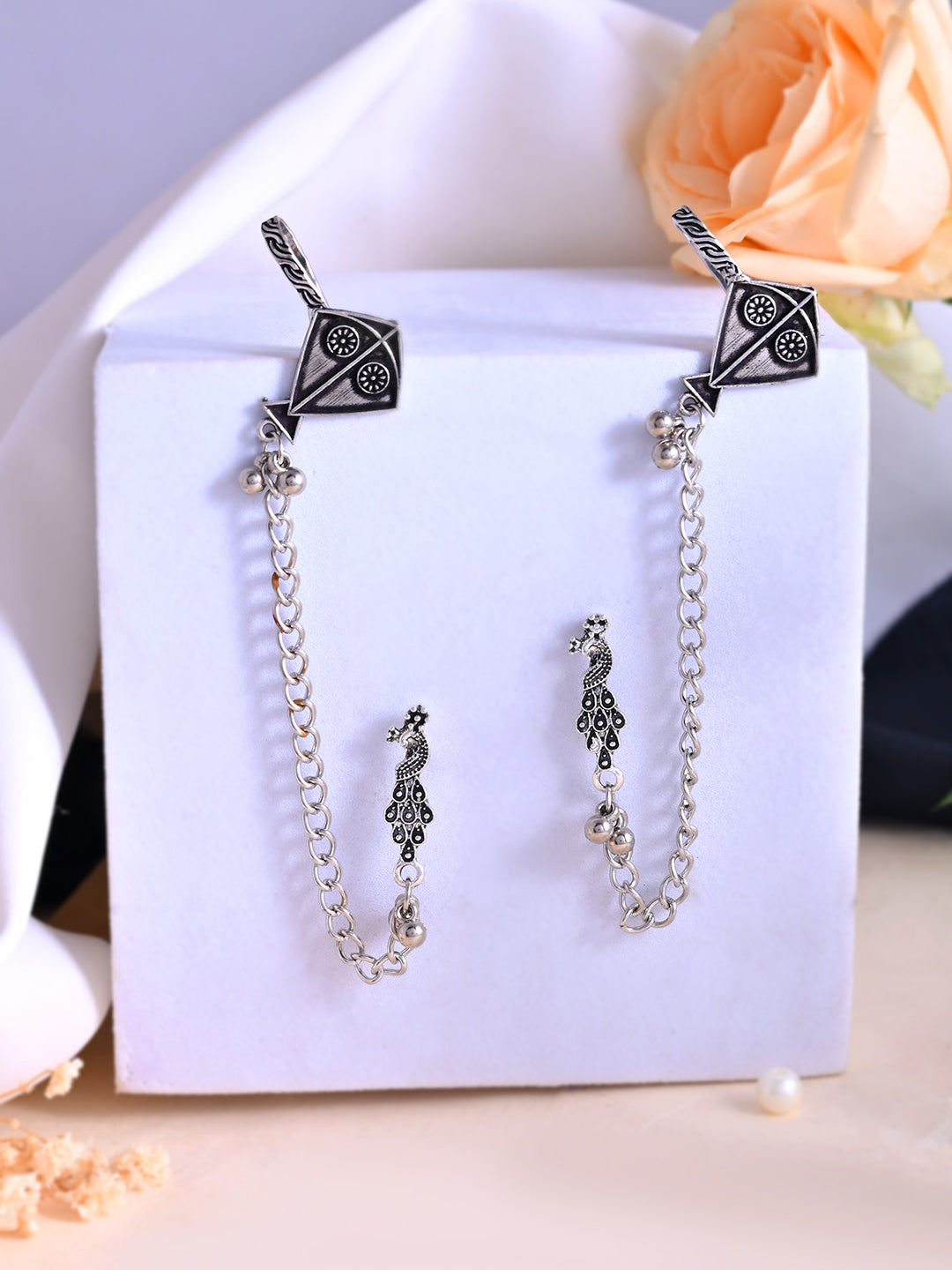 Oxidised Silver Chain Ear Cuff Earring For Women | Boho Ear Connector