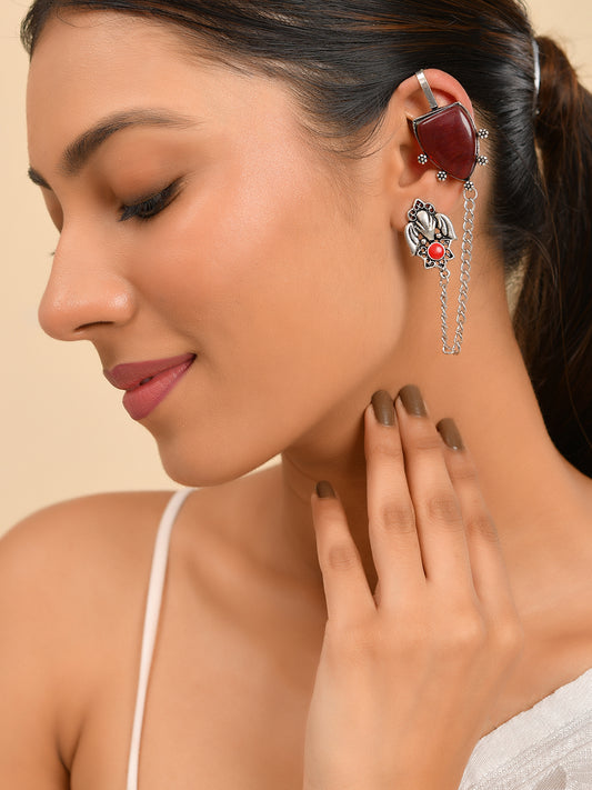 Oxidised Silver Long Chain Earrings With Red Stone | Boho Drop Earrings