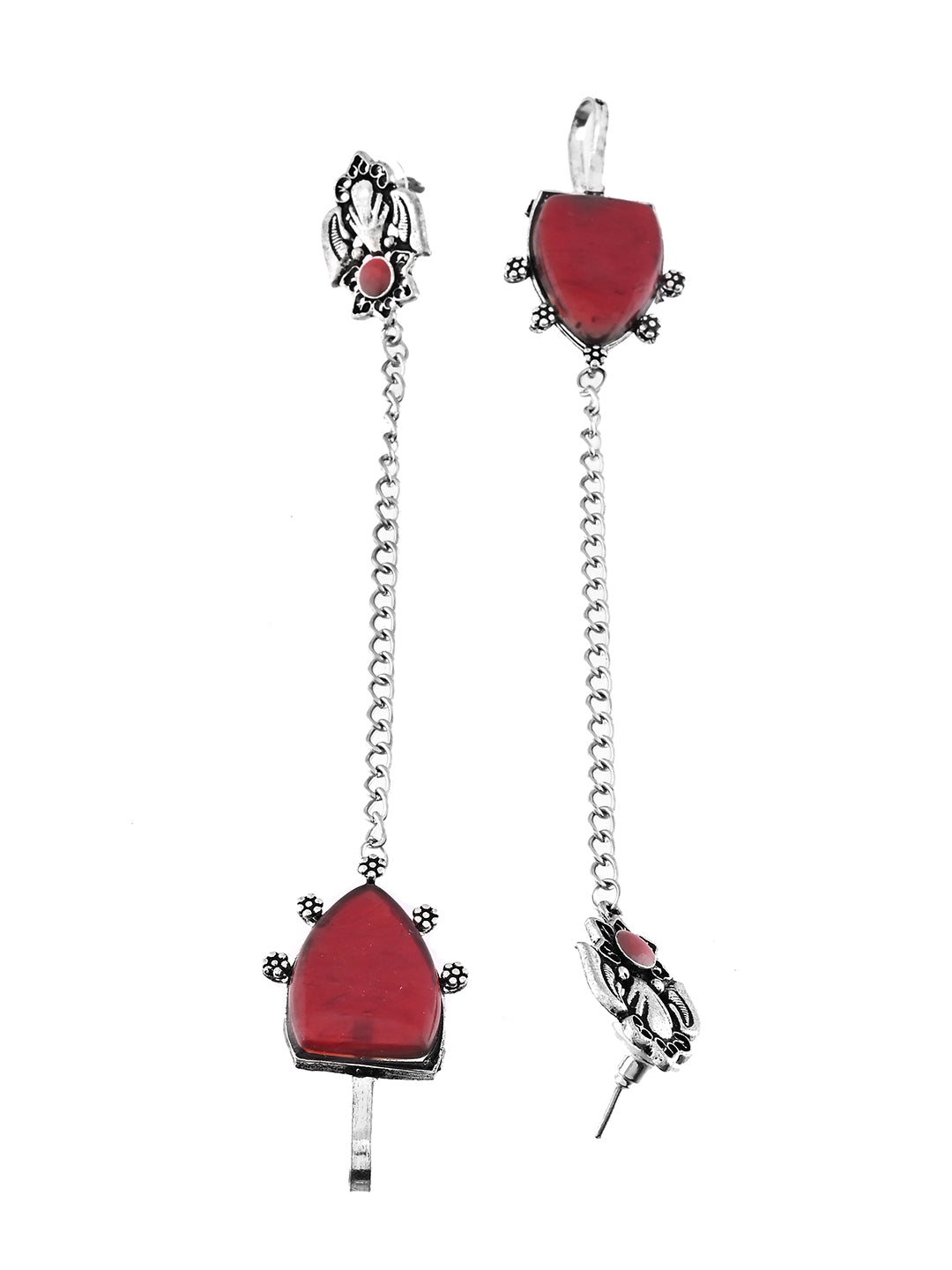 Oxidised Silver Long Chain Earrings With Red Stone | Boho Drop Earrings