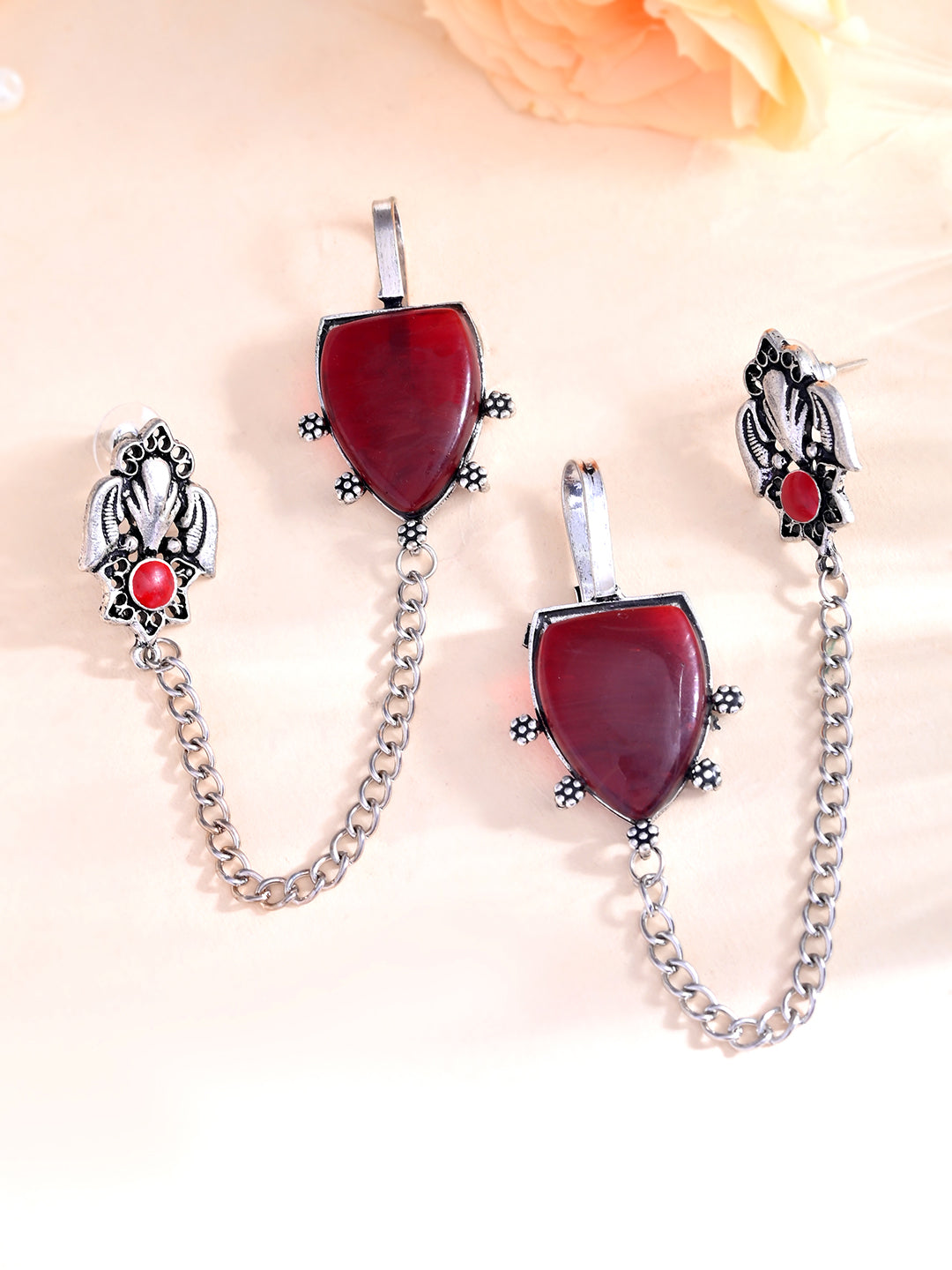 Oxidised Silver Long Chain Earrings With Red Stone | Boho Drop Earrings