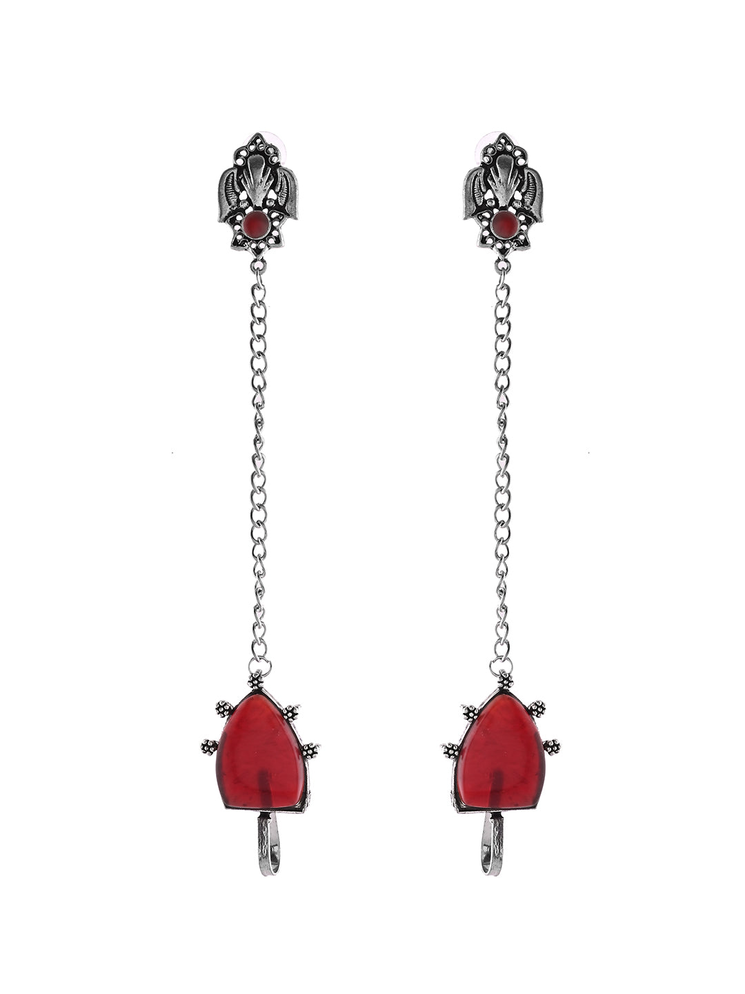 Oxidised Silver Long Chain Earrings With Red Stone | Boho Drop Earrings