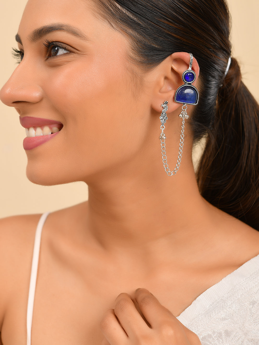 Oxidised Silver Long Chain Earrings With Blue Stone | Boho Drop Earrings