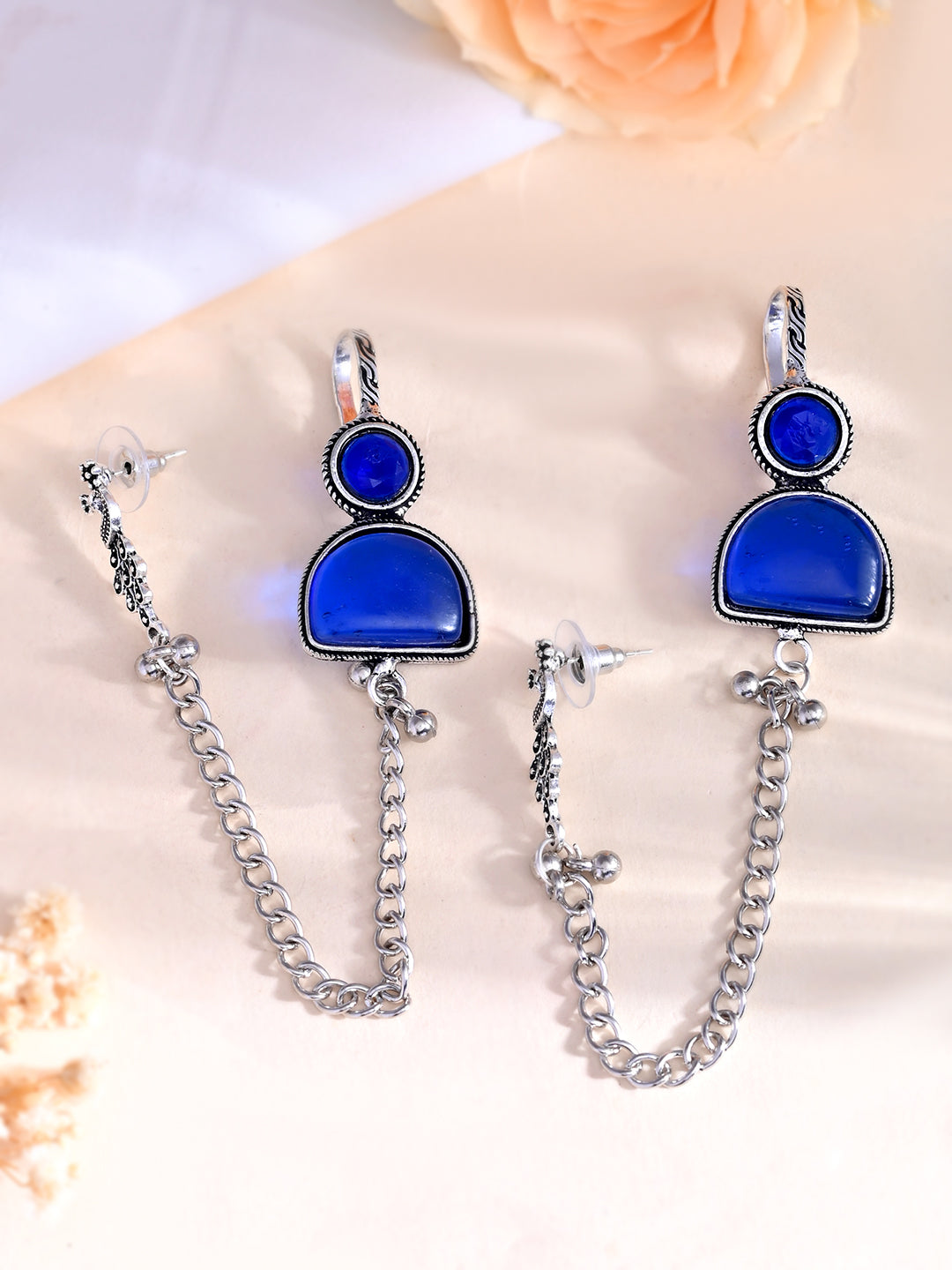 Oxidised Silver Long Chain Earrings With Blue Stone | Boho Drop Earrings
