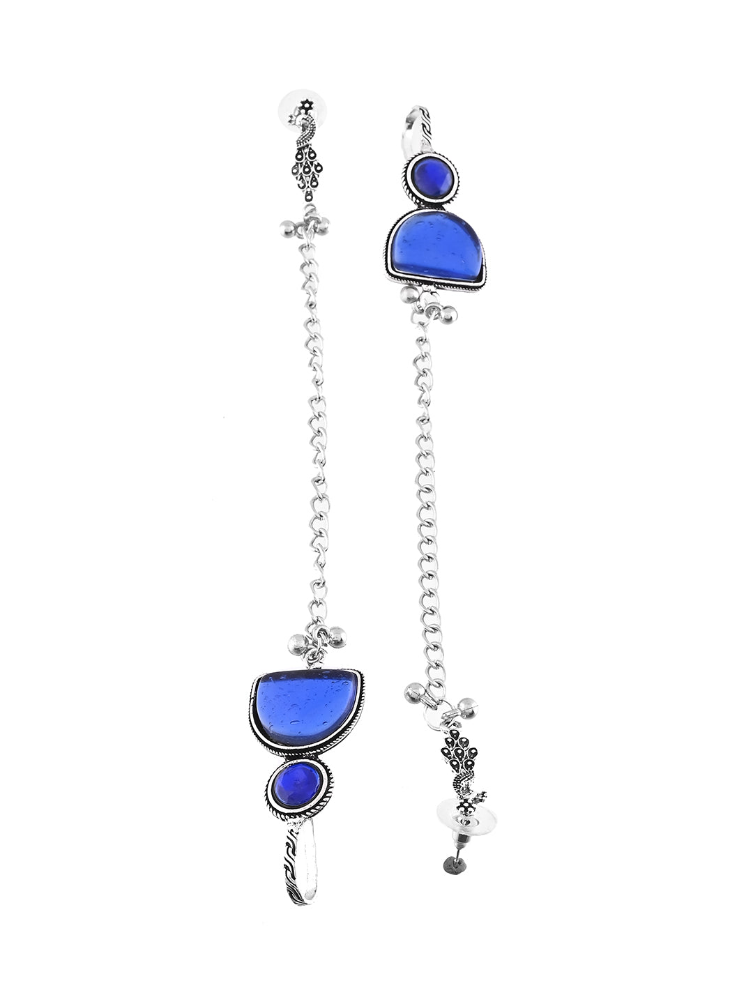 Oxidised Silver Long Chain Earrings With Blue Stone | Boho Drop Earrings
