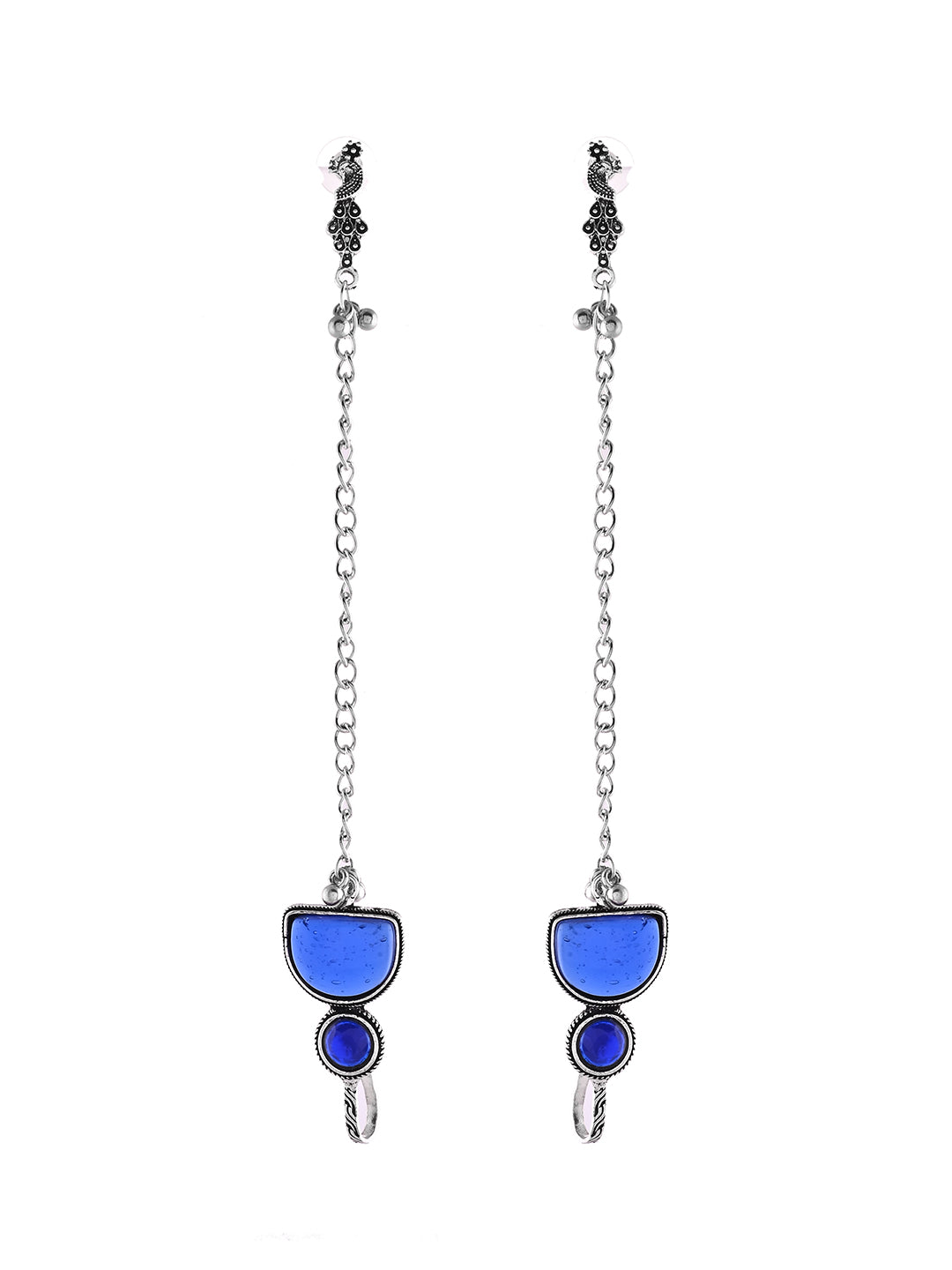 Oxidised Silver Long Chain Earrings With Blue Stone | Boho Drop Earrings