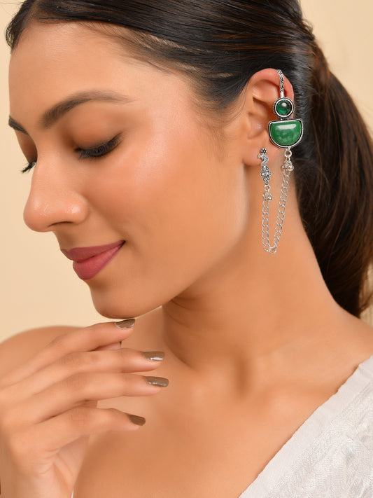 Oxidised Silver Long Chain Earrings With Green Stone | Boho Drop Earrings
