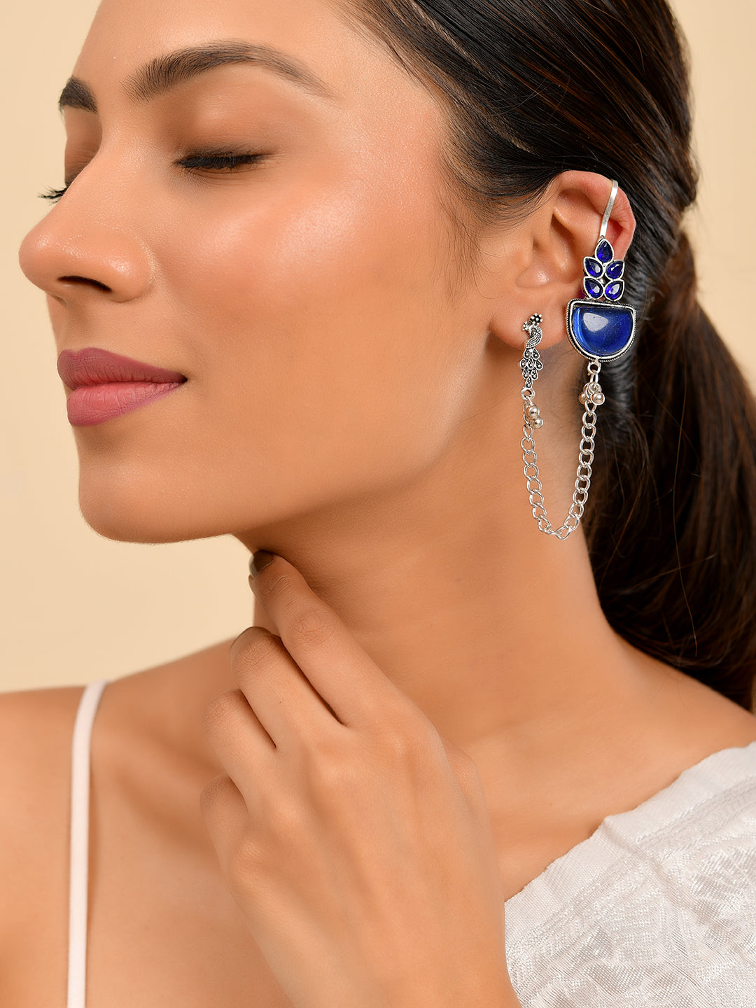 Boho Drop Oxidised Silver Long Chain Earrings With Blue Stone For Women