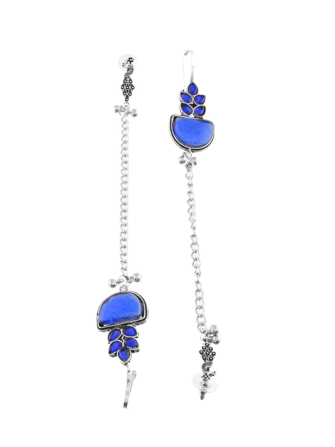 Boho Drop Oxidised Silver Long Chain Earrings With Blue Stone For Women