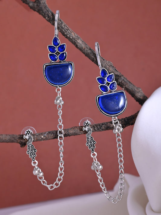 Boho Drop Oxidised Silver Long Chain Earrings With Blue Stone For Women