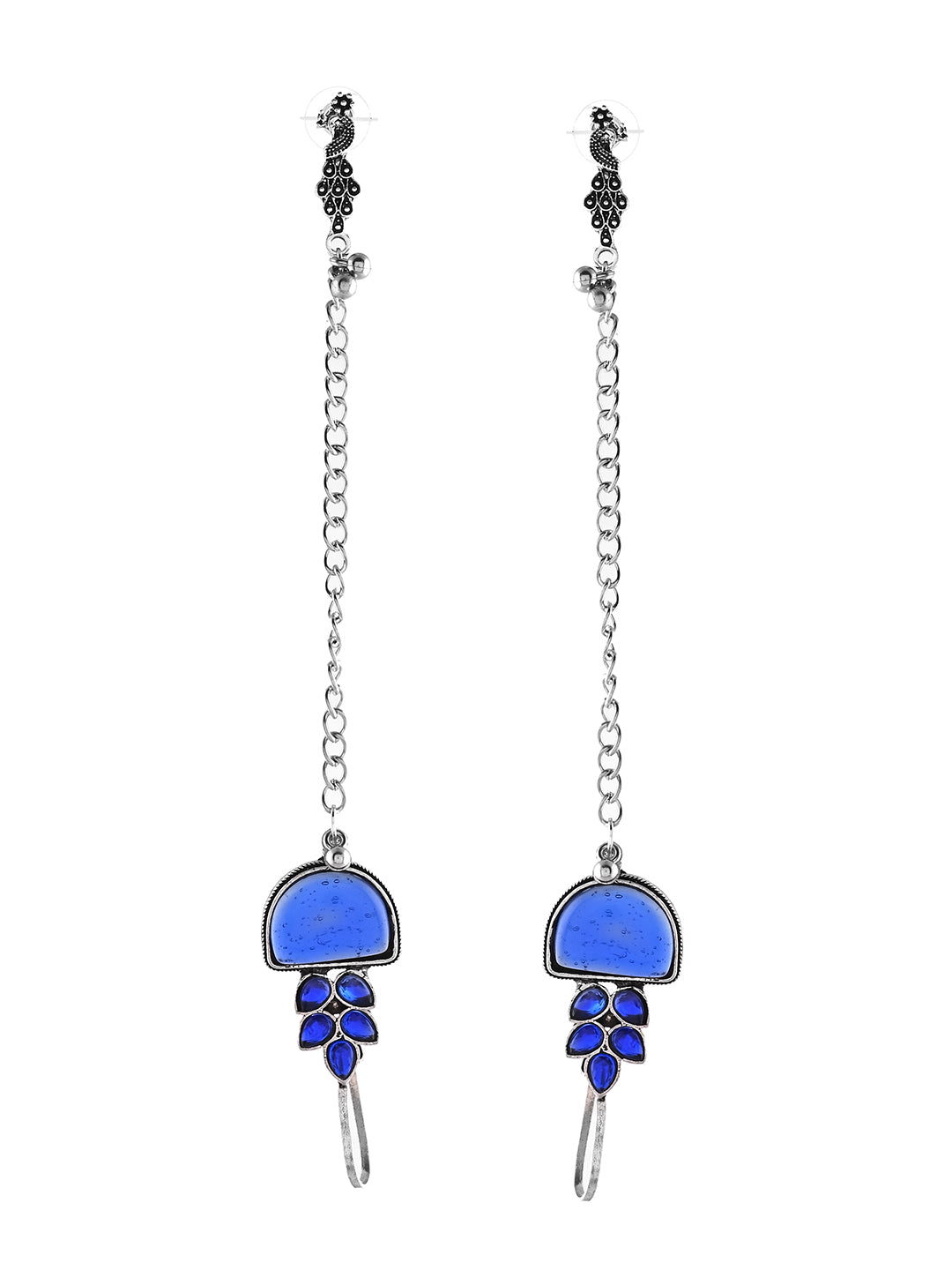 Boho Drop Oxidised Silver Long Chain Earrings With Blue Stone For Women