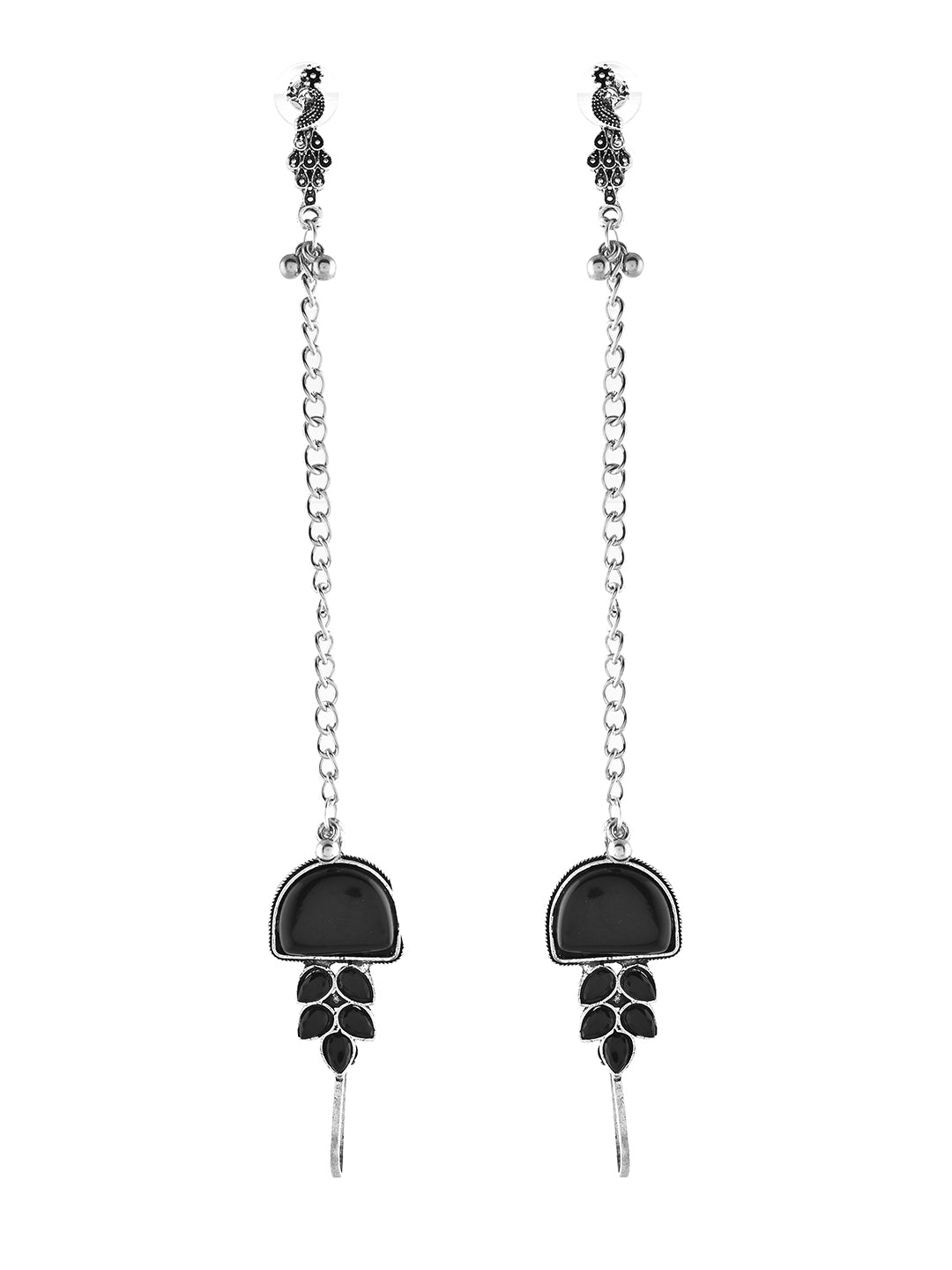 Boho Drop Oxidised Silver Long Chain Earrings With Black Stone For Women