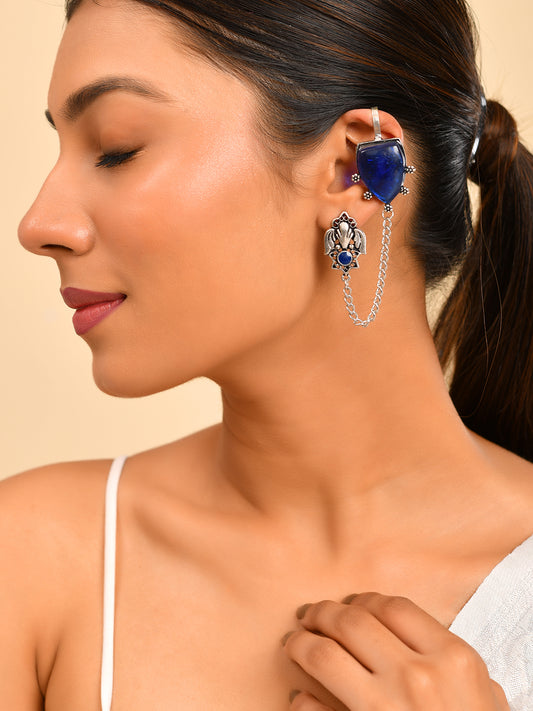 Ethnic Boho Drop Oxidised Silver Long Chain Earrings With Blue Stone For Women