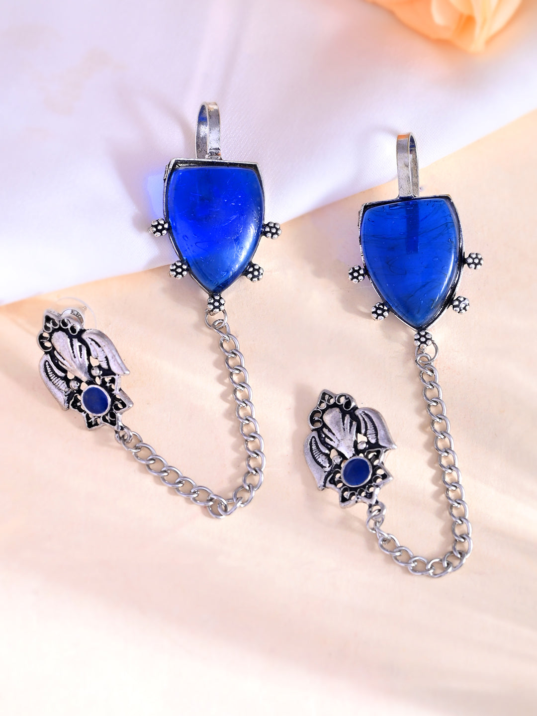 Ethnic Boho Drop Oxidised Silver Long Chain Earrings With Blue Stone For Women