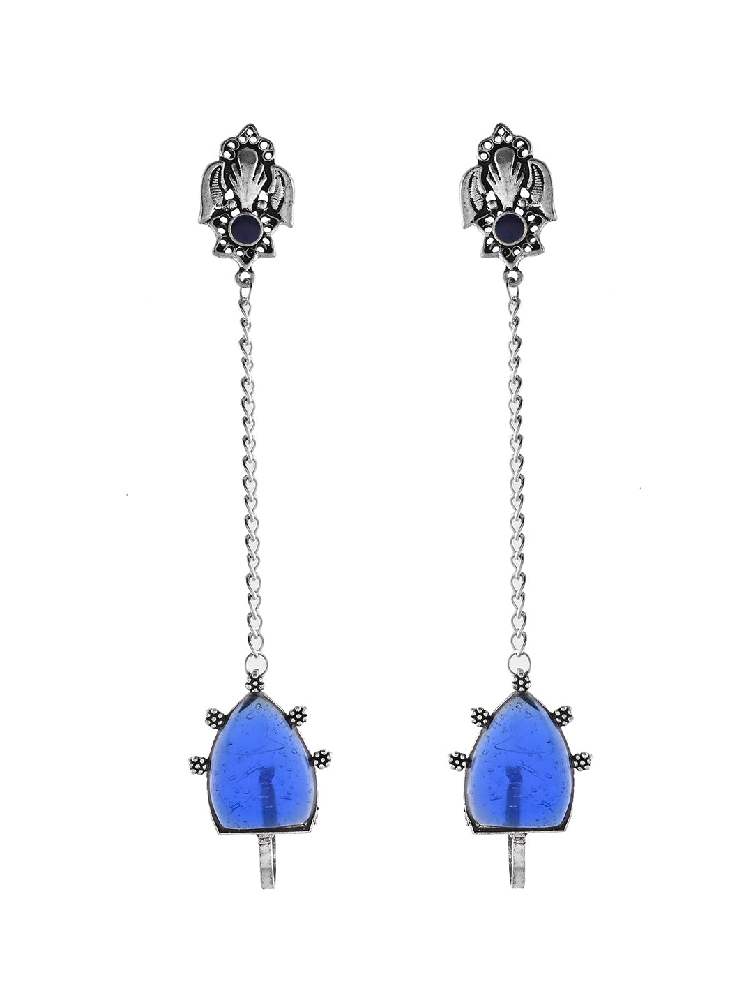 Ethnic Boho Drop Oxidised Silver Long Chain Earrings With Blue Stone For Women
