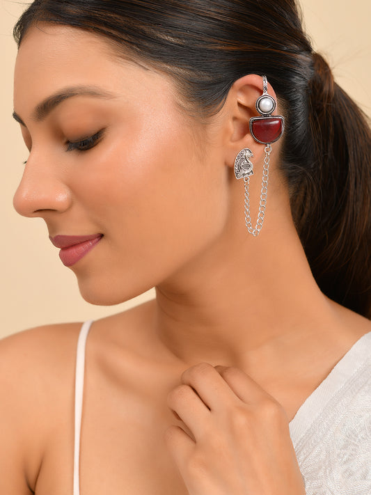 Boho Drop Oxidised Silver Long Chain Earrings With Red Stone For Women