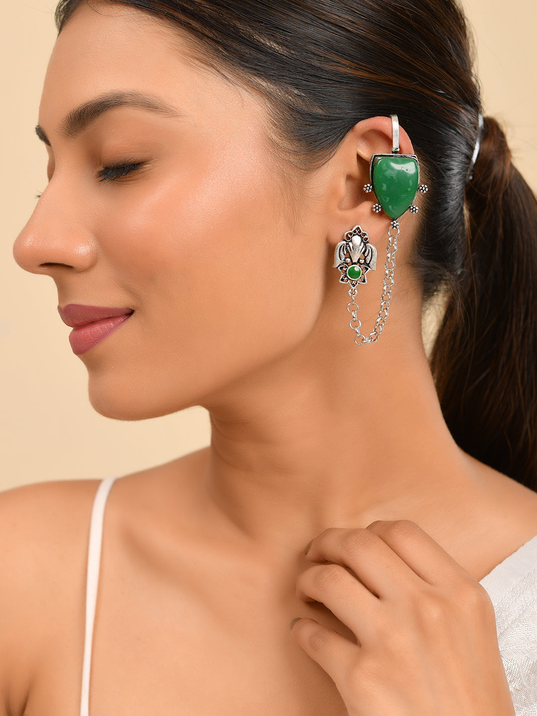 Boho Drop Oxidised Silver Long Chain Earrings With Green Stone For Women