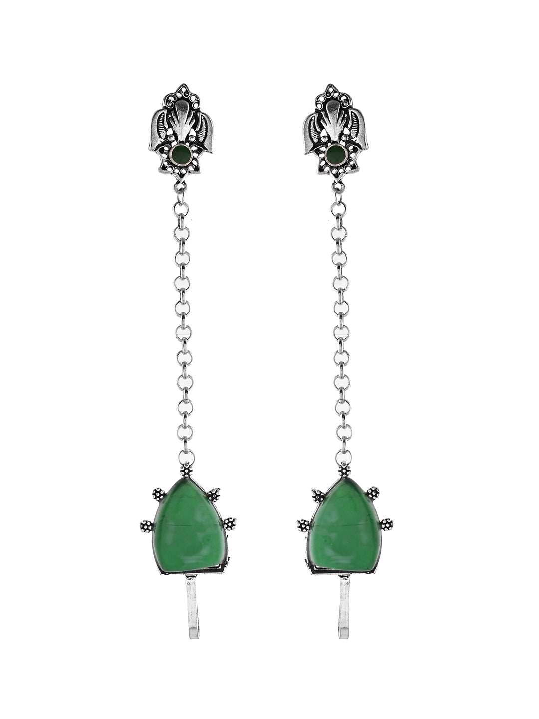 Boho Drop Oxidised Silver Long Chain Earrings With Green Stone For Women