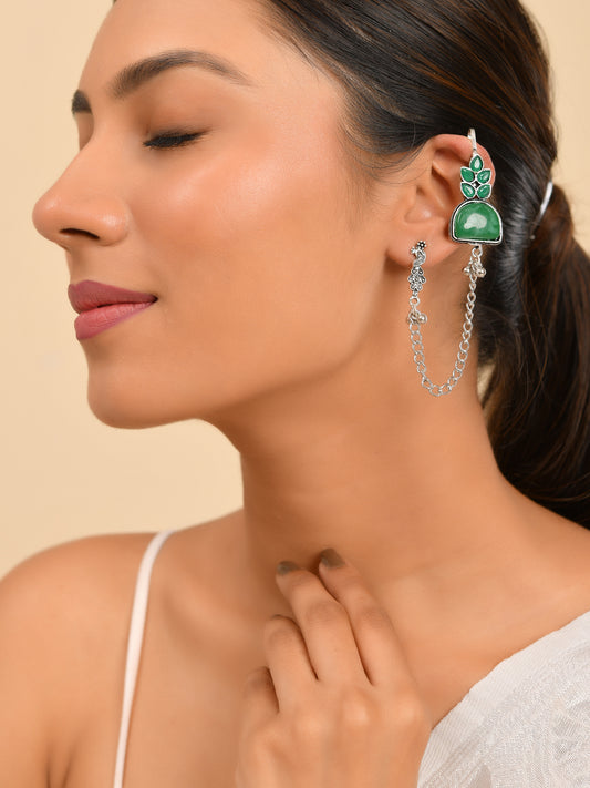 Green Boho Drop Oxidised Silver Long Chain Peacock Earrings For Women