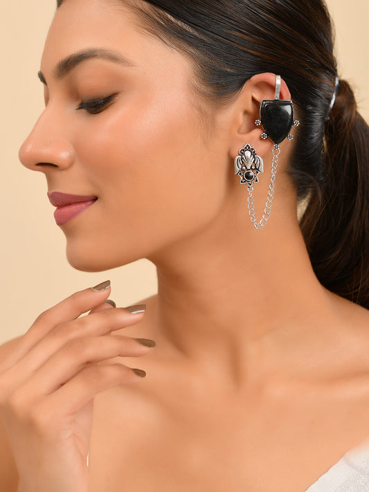 Black Boho Drop Oxidised Silver Long Chain Earrings For Women