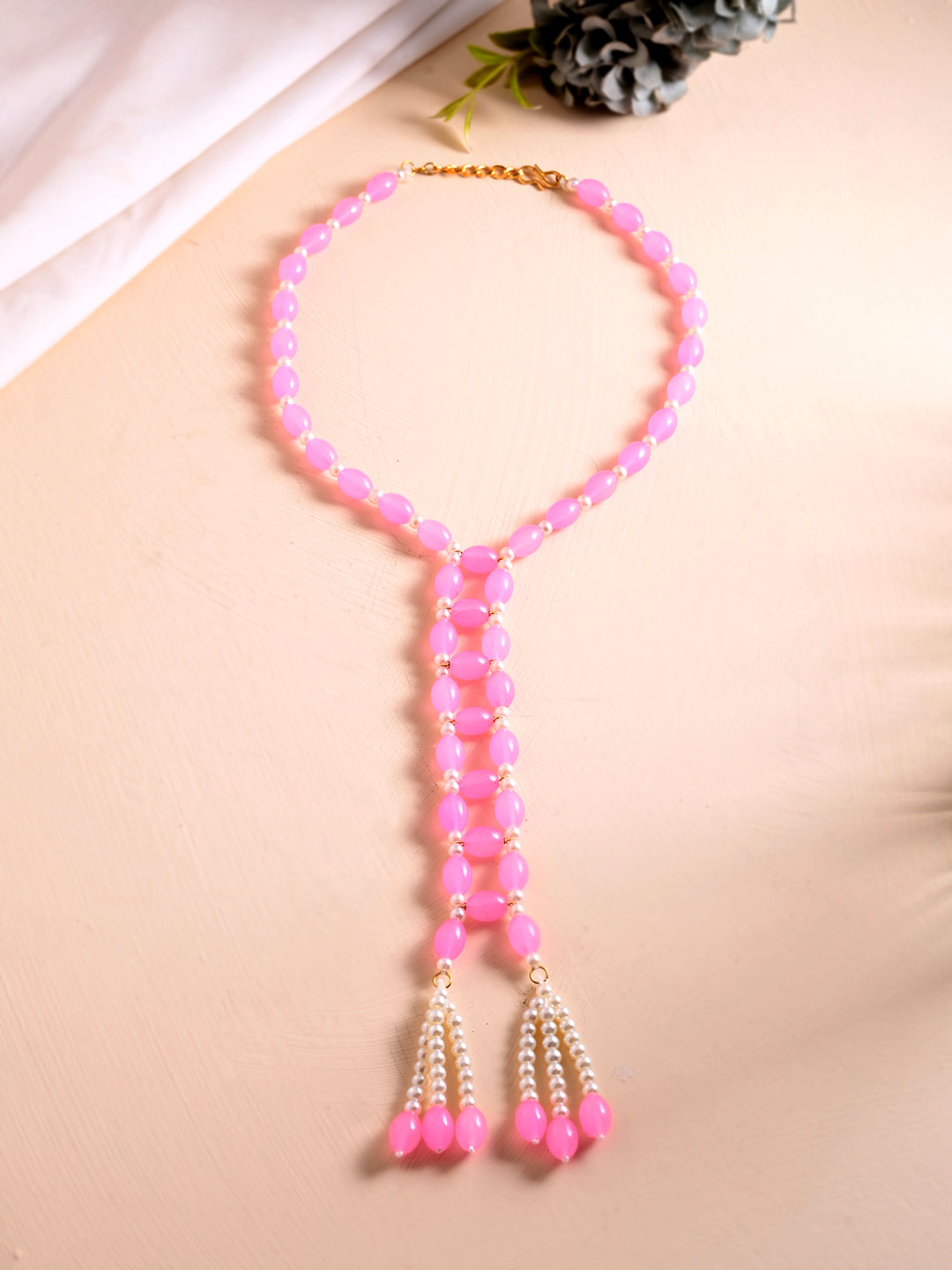 Pink Beaded Long Tassel Necklace For Women | Pearl Drop Designer Fashion Jewellery