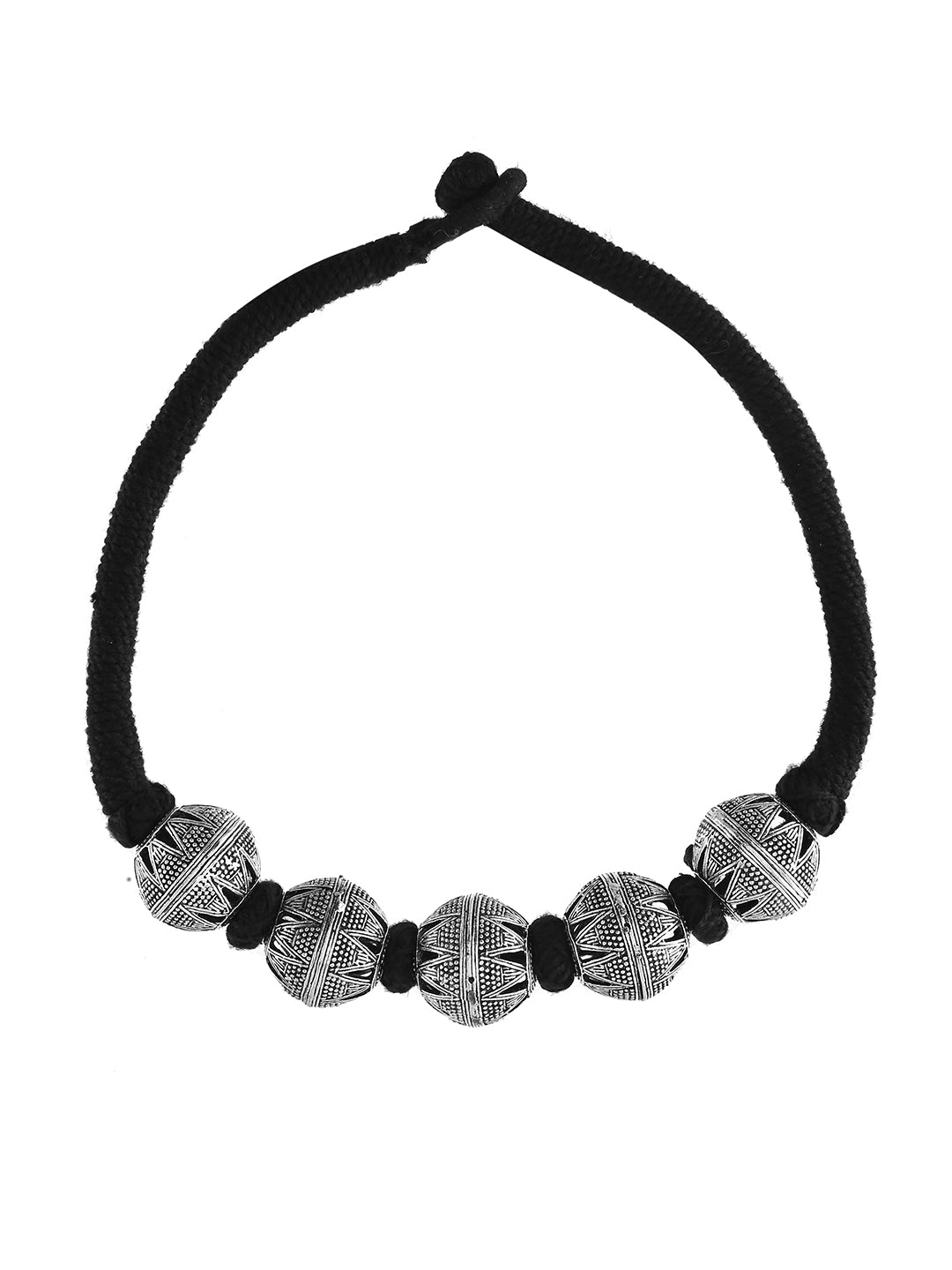 Oxidised Silver Beaded Necklace For Women | Black Thread Tribal Choker | Boho Jewellery