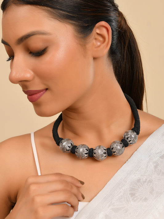 Oxidised Silver Beaded Necklace For Women | Black Thread Tribal Choker | Boho Jewellery