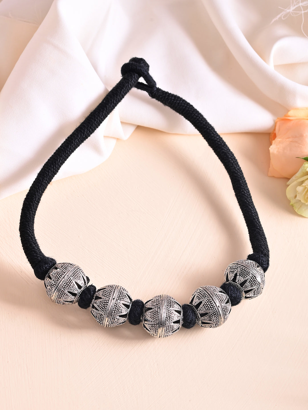 Oxidised Silver Beaded Necklace For Women | Black Thread Tribal Choker | Boho Jewellery