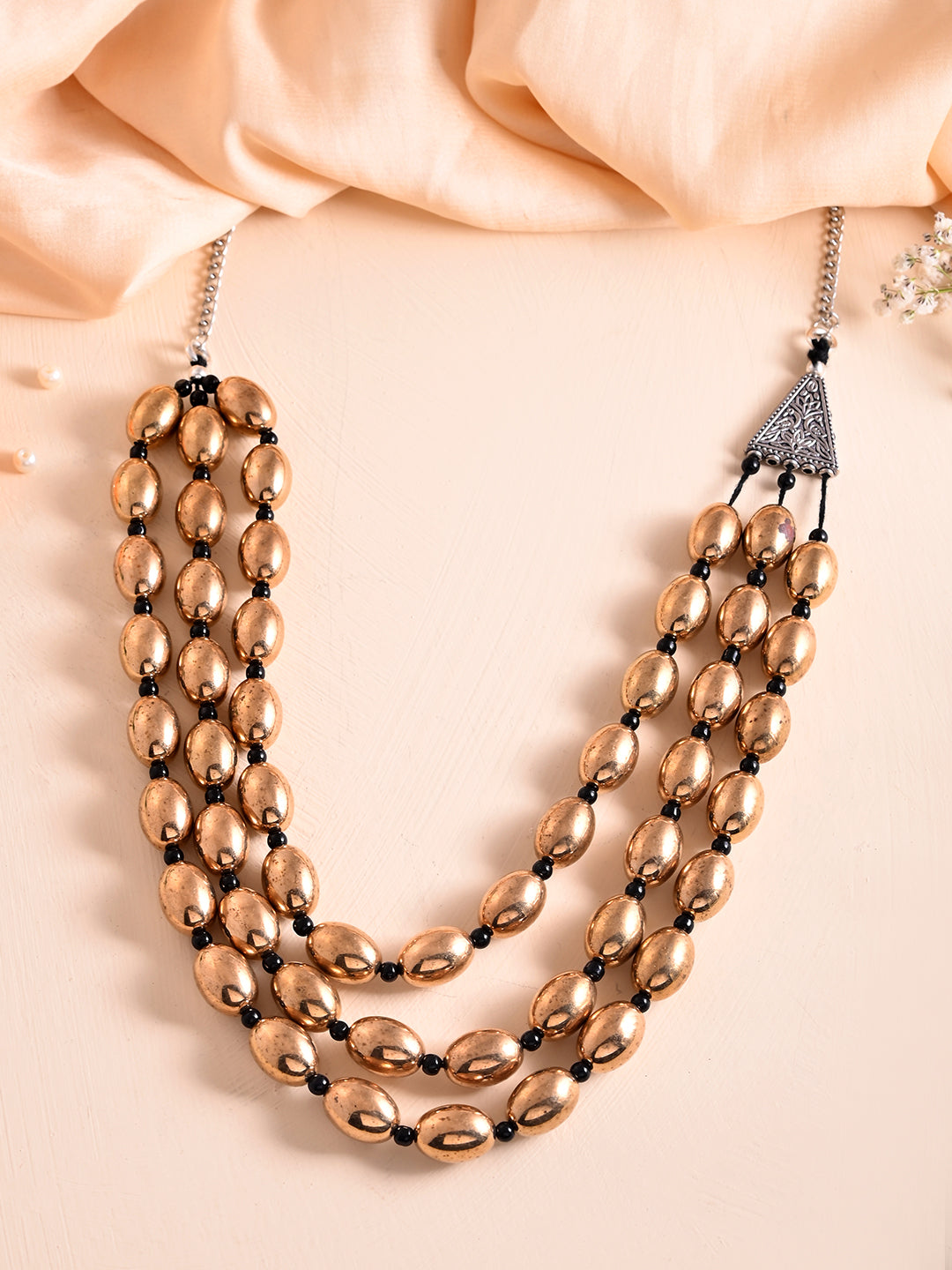 Ethnic Long Oxidised Golden & Black Layered Bead Necklace For Women