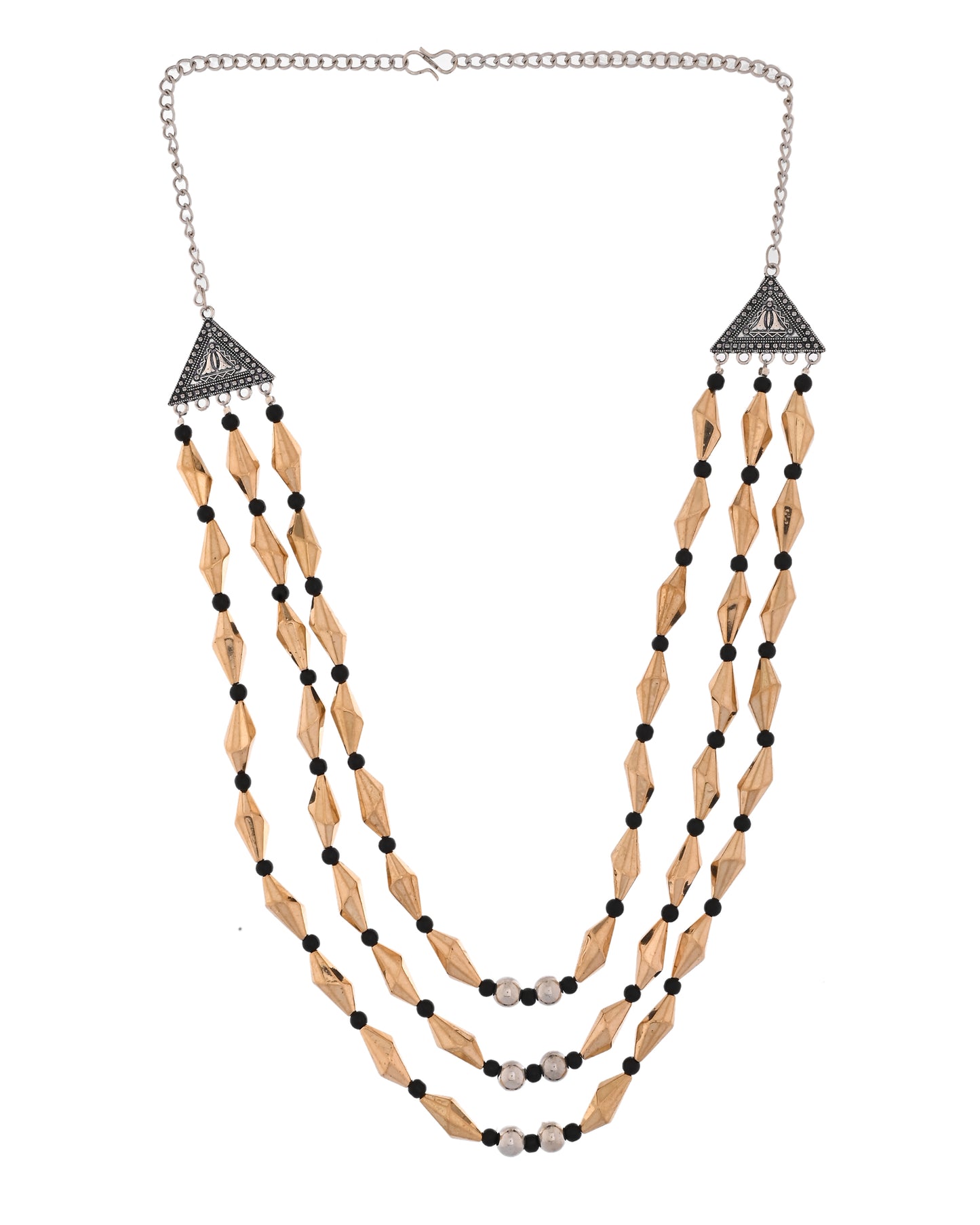 Golden & Black Layered Bead Necklace For Women | Oxidised Triangle Pendant Ethnic Jewellery