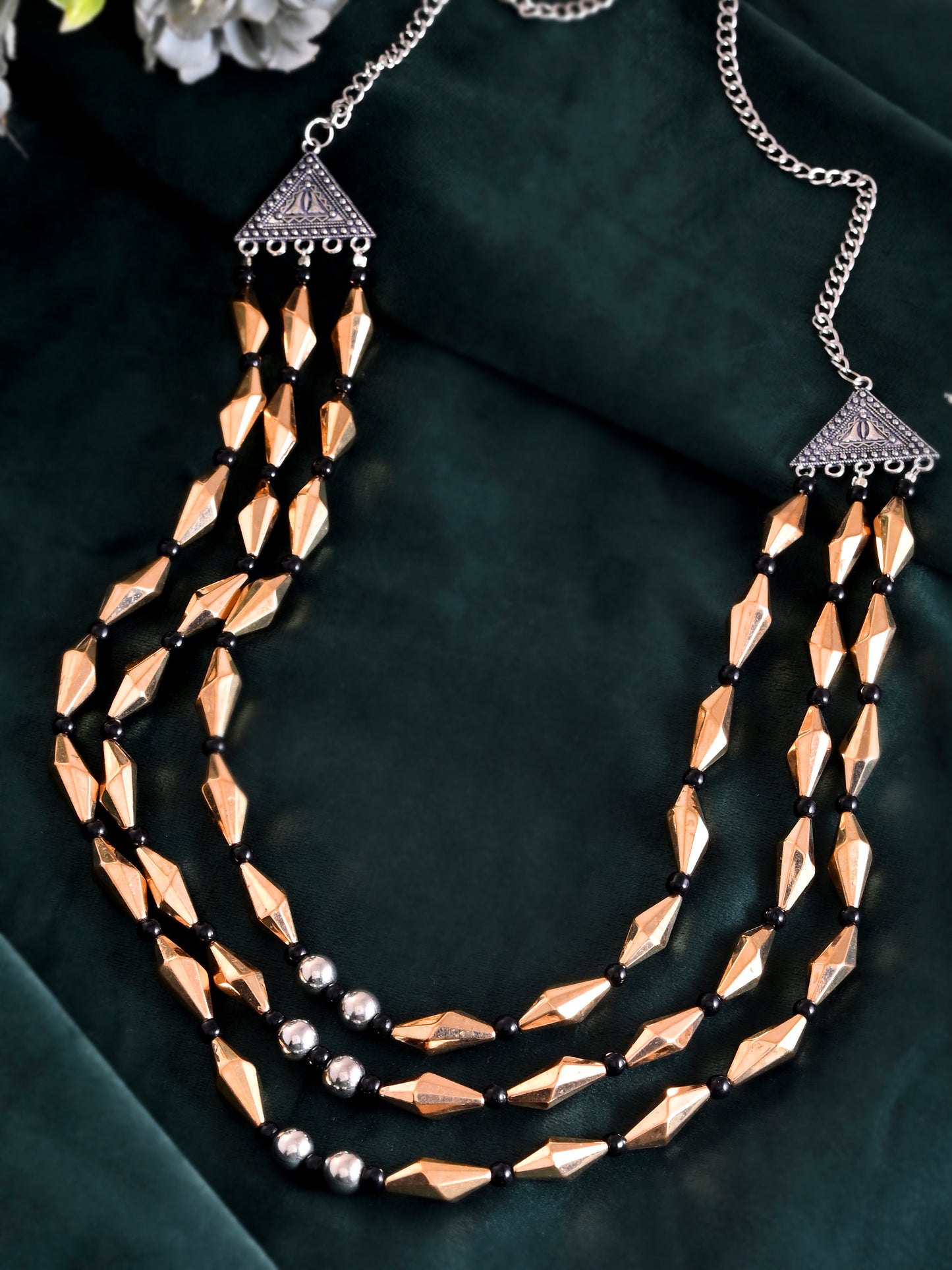 Golden & Black Layered Bead Necklace For Women | Oxidised Triangle Pendant Ethnic Jewellery