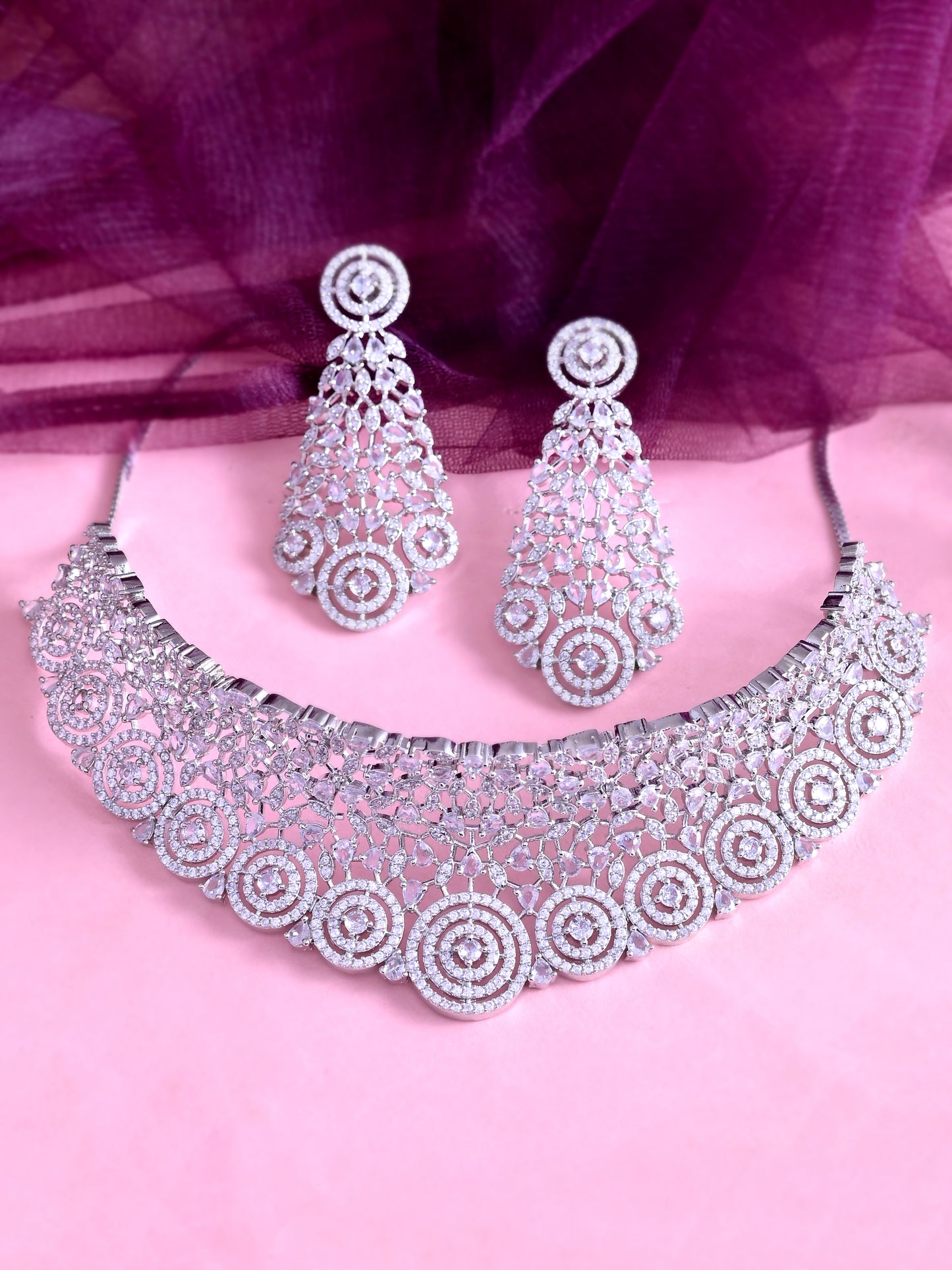 Premium Silver-Plated American Diamond Bridal Choker Jewellery Set For Women